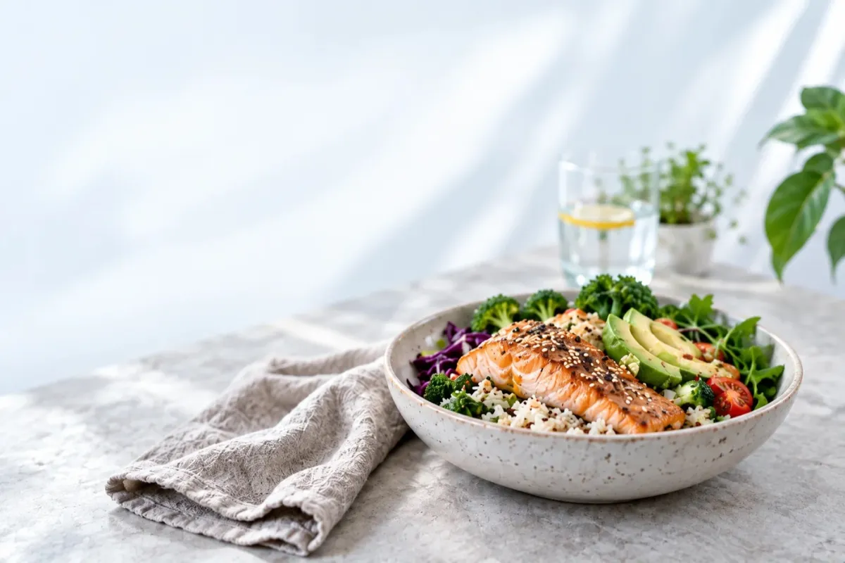 Lachs-Bowl mit Sesam, Avocado und Brokkoli