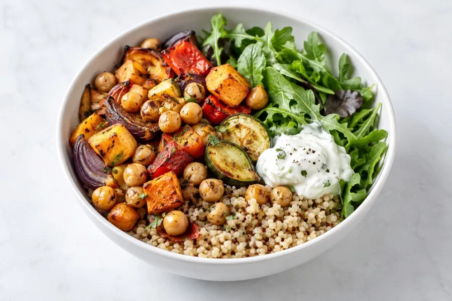 Ofengemüse-Bowl mit Kichererbsen, Quinoa und Rucola